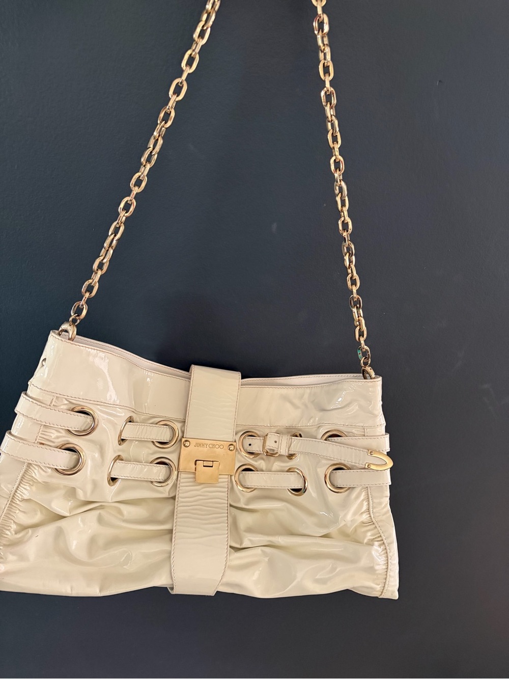 Jimmy Choo Cream Patent Shoulder Bag with Gold Chain
